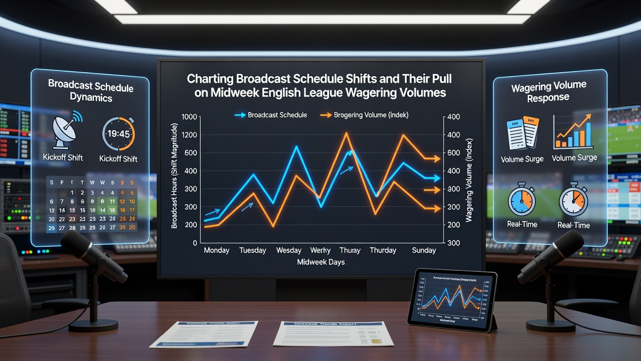 Midweek English league betting volume graphs with broadcast time overlays and regional market comparisons