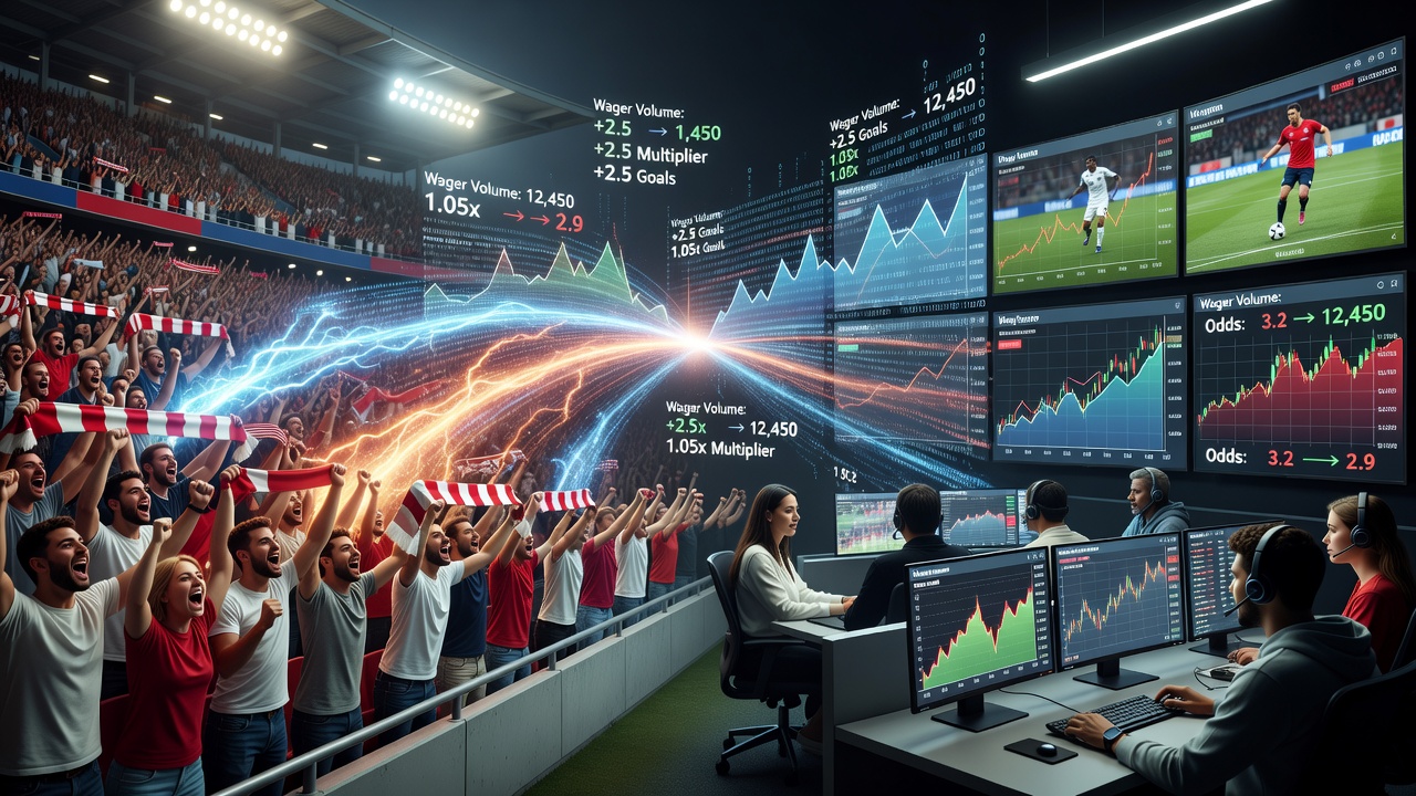 Live football betting interface showing odds movement alongside stadium atmosphere indicators