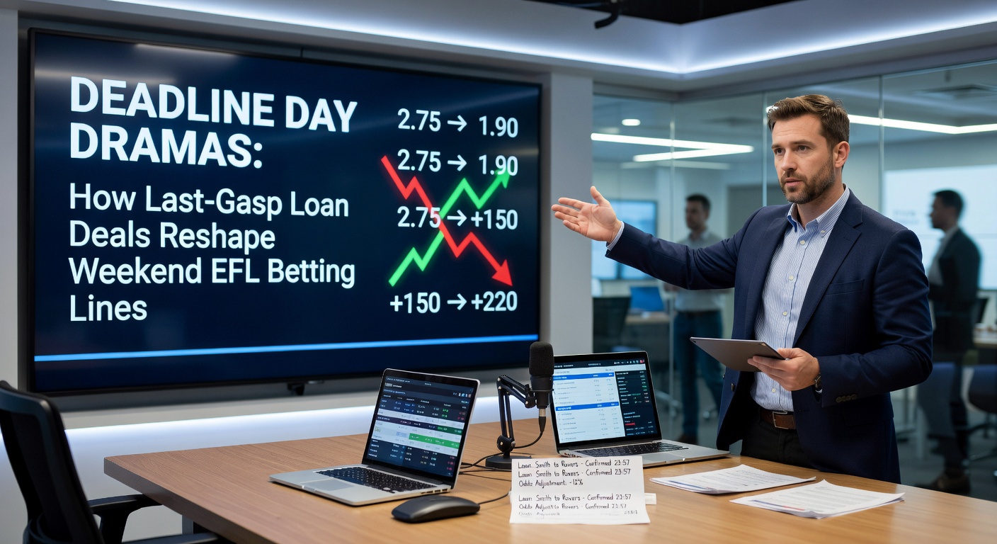 Split-screen graphic showing EFL deadline day clock, loan signing announcement tweet, and before-after betting odds graphs for a Championship match
