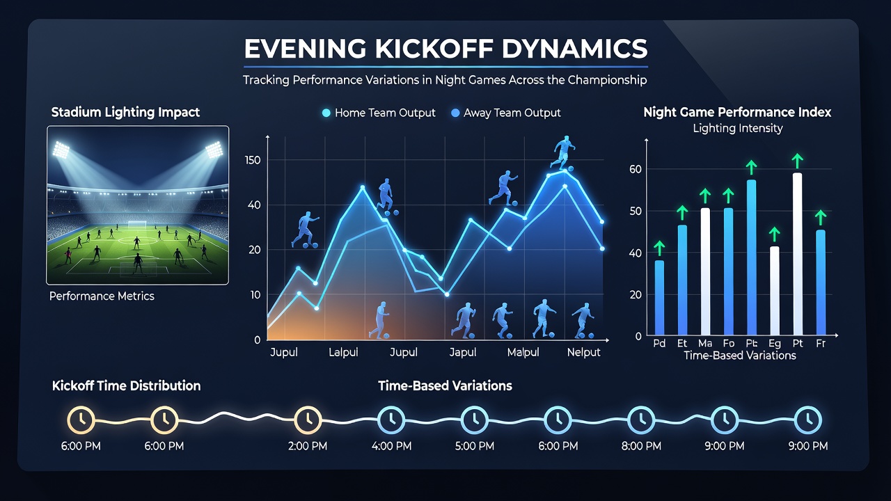 Chart displaying performance metrics for Championship teams in evening versus daytime matches