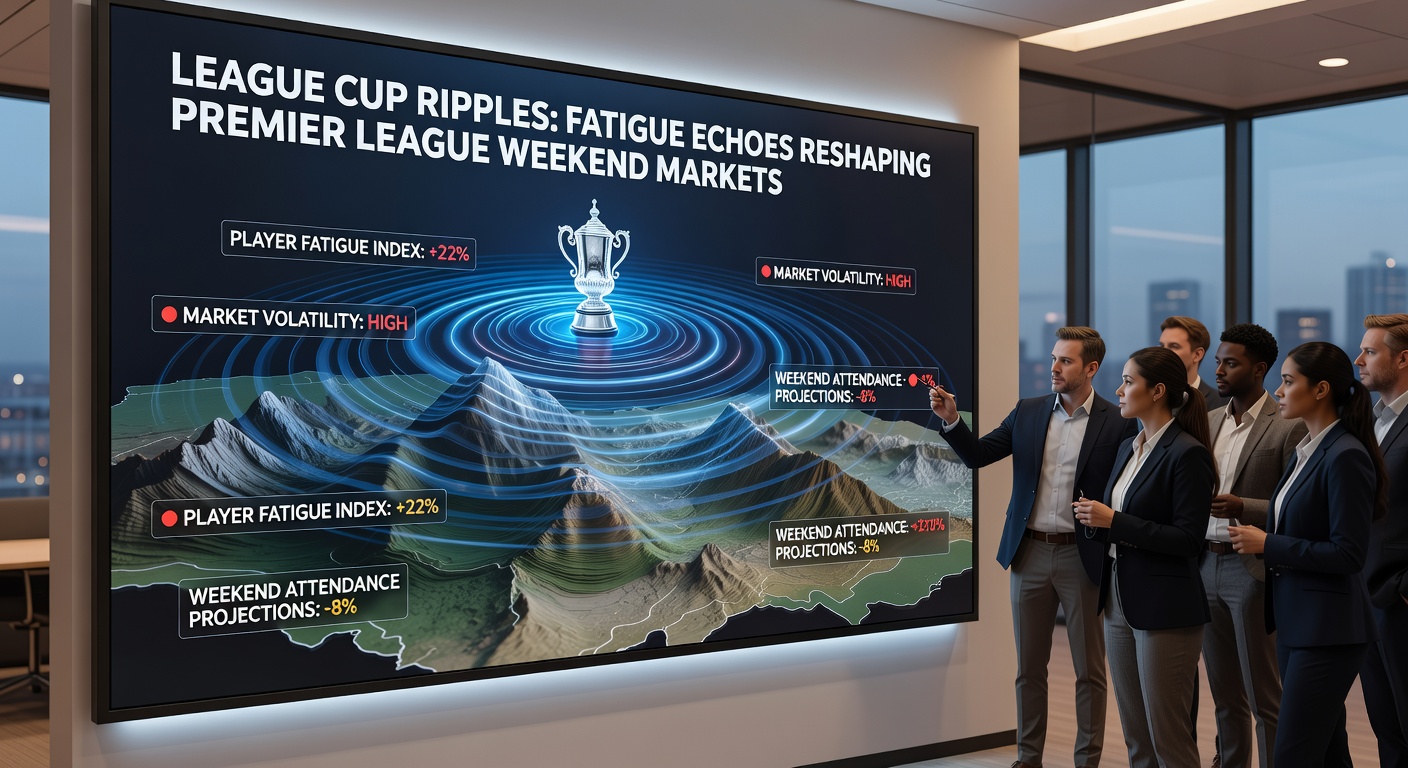 Premier League players looking exhausted during a tense weekend match, with substitutes warming up amid a packed schedule's toll