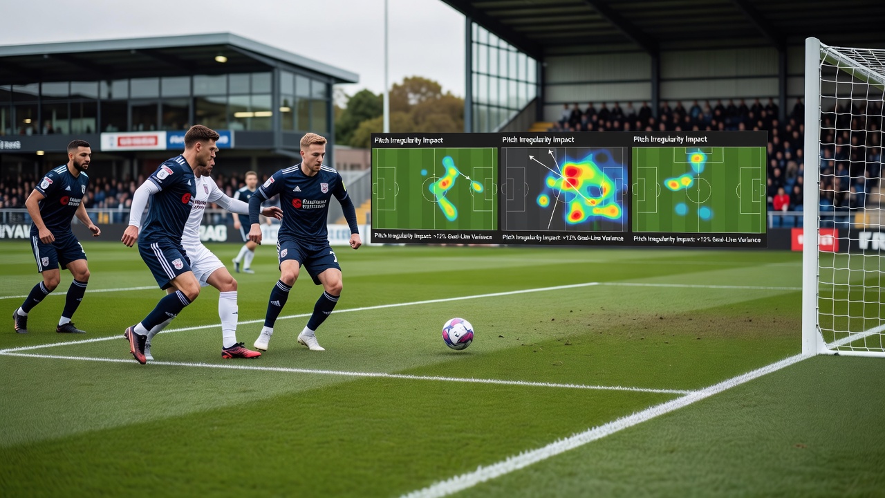 Close-up of goal line markings during an EFL Trophy fixture highlighting measurement differences at a smaller venue