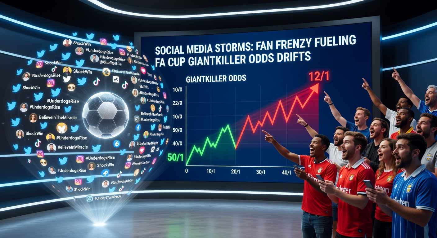 Betting odds screen showing dramatic drifts for an FA Cup underdog amid exploding social media metrics graph