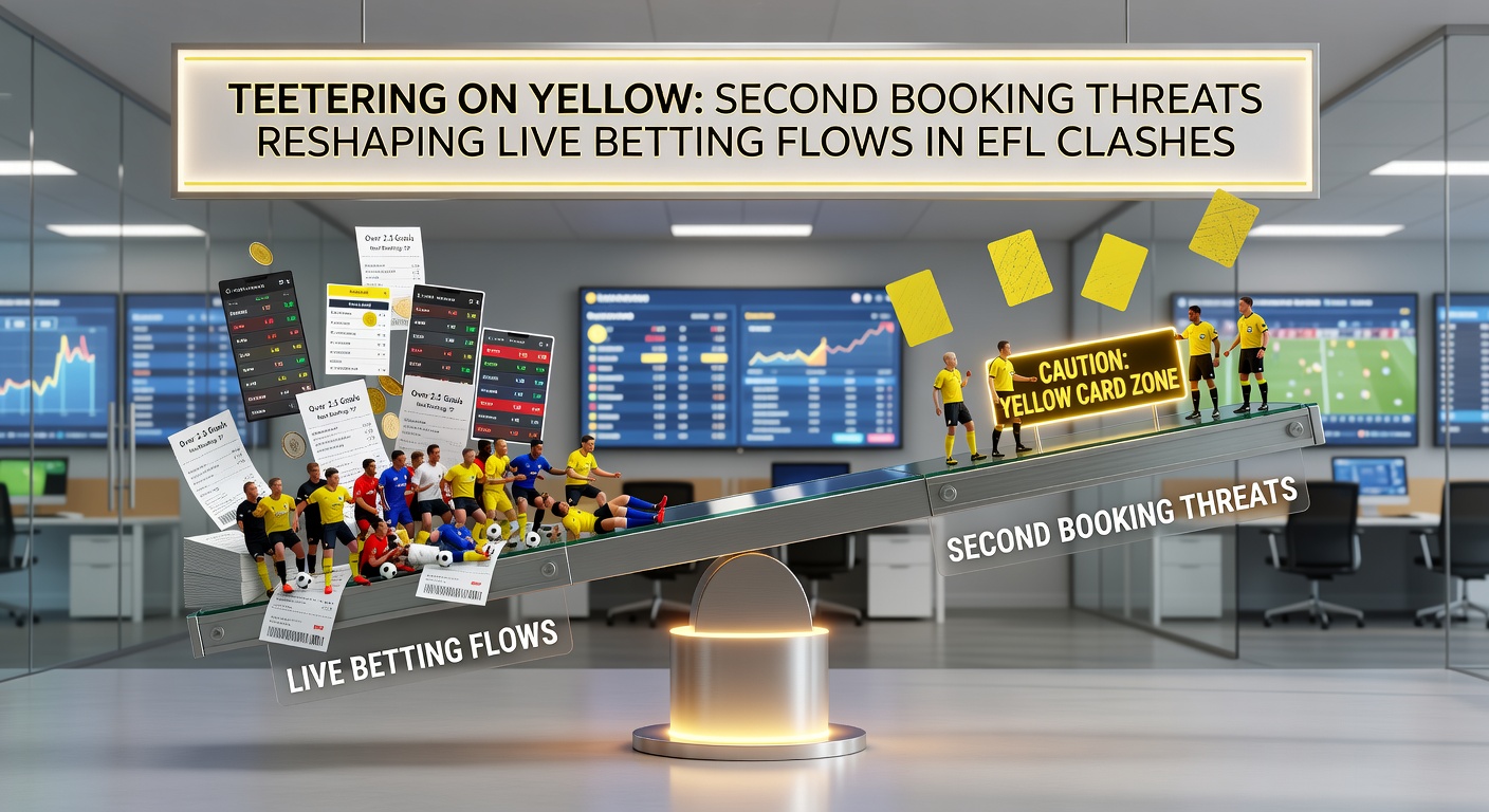Close-up of referee brandishing second yellow in EFL match, player heading off pitch as live betting interfaces update odds in real-time frenzy