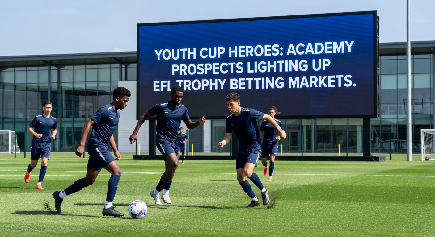 EFL Trophy betting slip highlighting shifted odds for a youth prospect's goal, surrounded by stadium lights and tactical boards